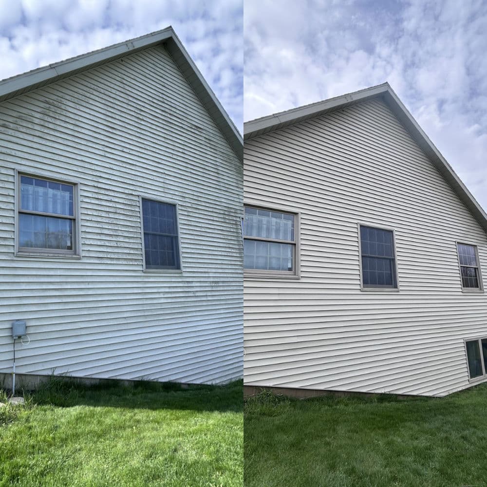 Side-by-side comparison of a house before and after power washing, showcasing improved cleanliness.