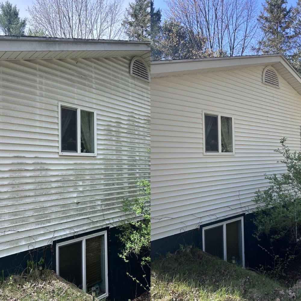 Before and after exterior house cleaning showing white siding transformation and improved curb appeal.