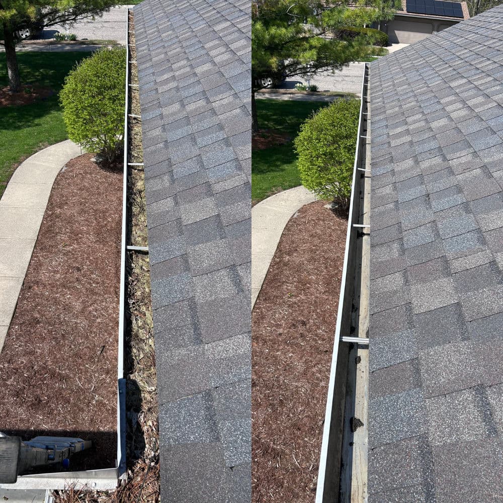 Before and after roof gutter cleaning showing debris removal and improved water flow.